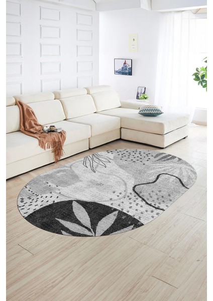 Dijital Kaymaz Yıkanabilir Modern Desen Oval Yolluk Mutfak Salon Halısı, N-O-Modern-79-Gri, fiyatları