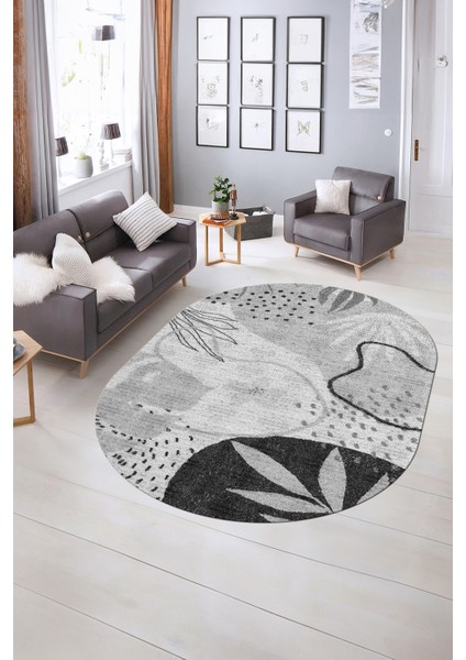 Dijital Kaymaz Yıkanabilir Modern Desen Oval Yolluk Mutfak Salon Halısı, N-O-Modern-79-Gri, indirimleri