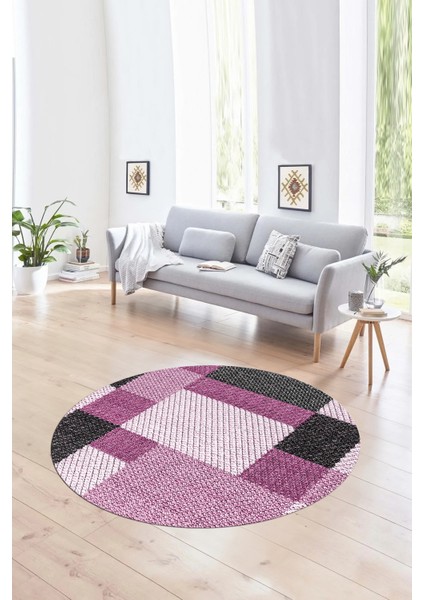 Dijital Kaymaz Taban Yıkanabilir Modern Desen Yuvarlak Mutfak Salon Halısı, N-Y-Modern-77-Mor,