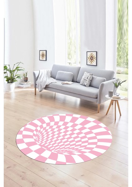 Dijital Kaymaz Taban Yıkanabilir Modern Desen Yuvarlak Mutfak Salon Halısı, N-Y-Modern-78-Pembe,