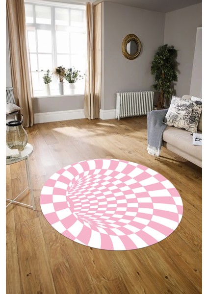 Dijital Kaymaz Taban Yıkanabilir Modern Desen Yuvarlak Mutfak Salon Halısı, N-Y-Modern-78-Pembe,