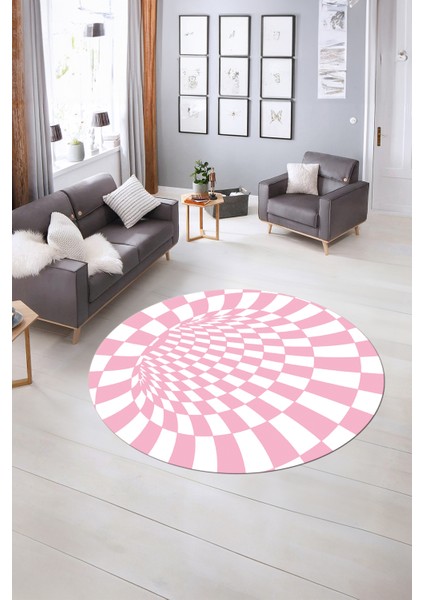 Dijital Kaymaz Taban Yıkanabilir Modern Desen Yuvarlak Mutfak Salon Halısı, N-Y-Modern-78-Pembe,