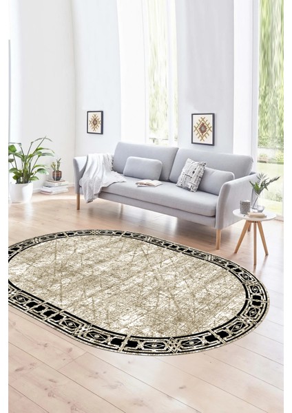 Dijital Kaymaz Yıkanabilir Modern Desen Oval Yolluk Mutfak Salon Halısı, N-O-MODERN-118-BEJ,