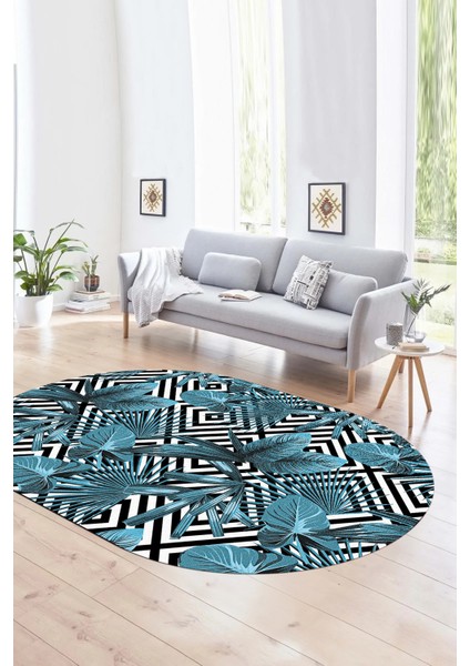 Dijital Kaymaz Yıkanabilir Modern Desen Oval Yolluk Mutfak Salon Halısı, N-O-MODERN-100-MAVİ,