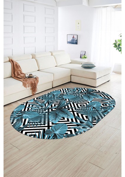 Dijital Kaymaz Yıkanabilir Modern Desen Oval Yolluk Mutfak Salon Halısı, N-O-MODERN-100-MAVİ, fiyatları