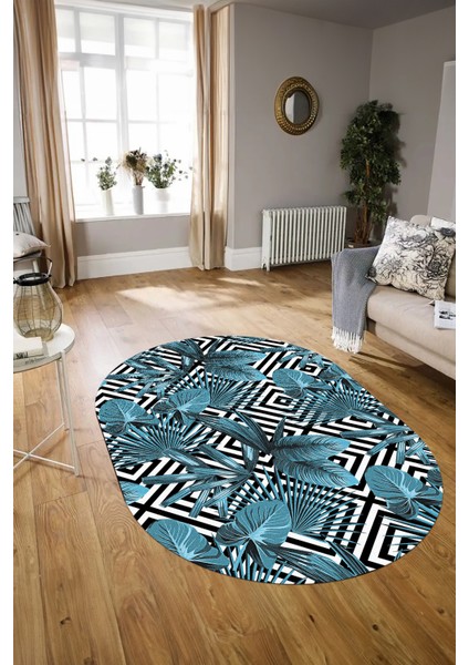 Dijital Kaymaz Yıkanabilir Modern Desen Oval Yolluk Mutfak Salon Halısı, N-O-MODERN-100-MAVİ, modelleri