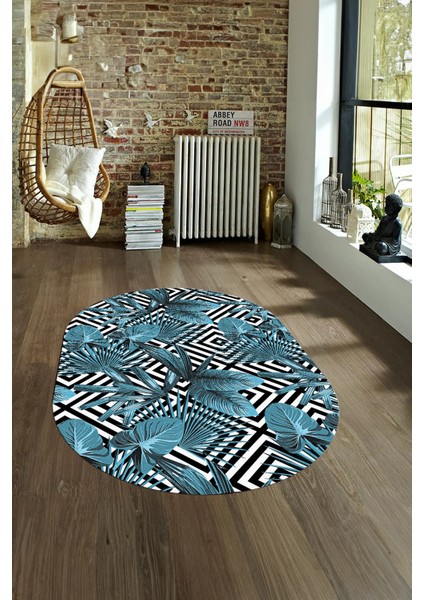 Dijital Kaymaz Yıkanabilir Modern Desen Oval Yolluk Mutfak Salon Halısı, N-O-MODERN-100-MAVİ, fırsatları