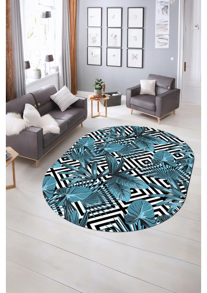 Dijital Kaymaz Yıkanabilir Modern Desen Oval Yolluk Mutfak Salon Halısı, N-O-MODERN-100-MAVİ, indirimleri