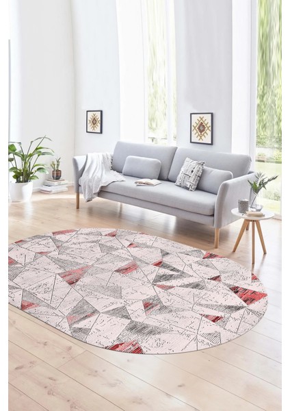 Dijital Kaymaz Yıkanabilir Modern Desen Oval Yolluk Mutfak Salon Halısı, N-O-Modern-82-Pembe,