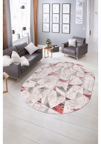 Dijital Kaymaz Yıkanabilir Modern Desen Oval Yolluk Mutfak Salon Halısı, N-O-Modern-82-Pembe, indirimleri