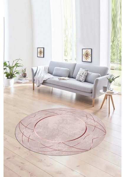 Dijital Kaymaz Taban Yıkanabilir Modern Desen Yuvarlak Mutfak Salon Halısı, N-Y-Modern-62-Pembe,