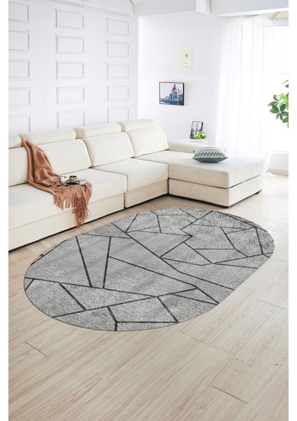Dijital Kaymaz Yıkanabilir Modern Desen Oval Yolluk Mutfak Salon Halısı, N-O-MODERN-117-GRİ, fiyatları