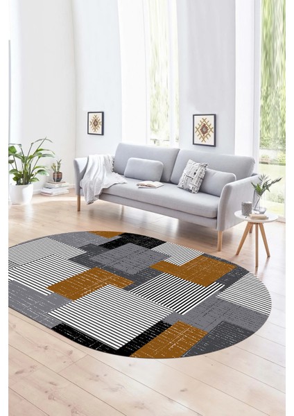 Dijital Kaymaz Yıkanabilir Modern Desen Oval Yolluk Mutfak Salon Halısı, N-O-Modern-47-Kahve,