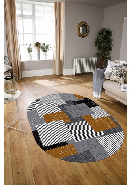 Dijital Kaymaz Yıkanabilir Modern Desen Oval Yolluk Mutfak Salon Halısı, N-O-Modern-47-Kahve, modelleri