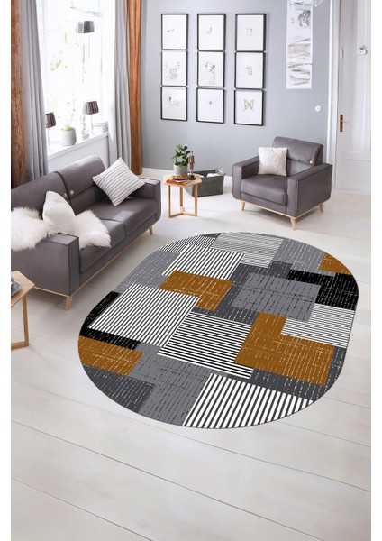 Dijital Kaymaz Yıkanabilir Modern Desen Oval Yolluk Mutfak Salon Halısı, N-O-Modern-47-Kahve, indirimleri