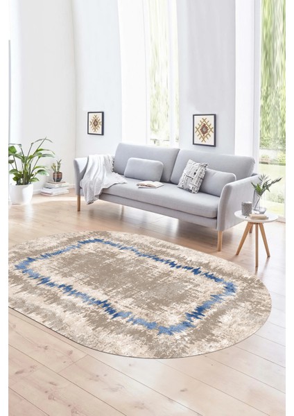Dijital Kaymaz Yıkanabilir Modern Desen Oval Yolluk Mutfak Salon Halısı, N-O-Modern-37-Mavi,