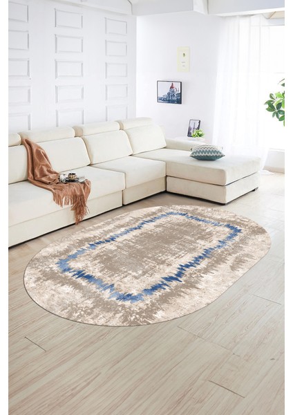 Dijital Kaymaz Yıkanabilir Modern Desen Oval Yolluk Mutfak Salon Halısı, N-O-Modern-37-Mavi, fiyatları