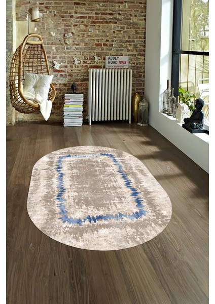 Dijital Kaymaz Yıkanabilir Modern Desen Oval Yolluk Mutfak Salon Halısı, N-O-Modern-37-Mavi, fırsatları