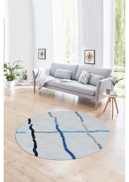 Dijital Kaymaz Taban Yıkanabilir Modern Desen Yuvarlak Mutfak Salon Halısı, N-Y-Modern-73-Mavi,