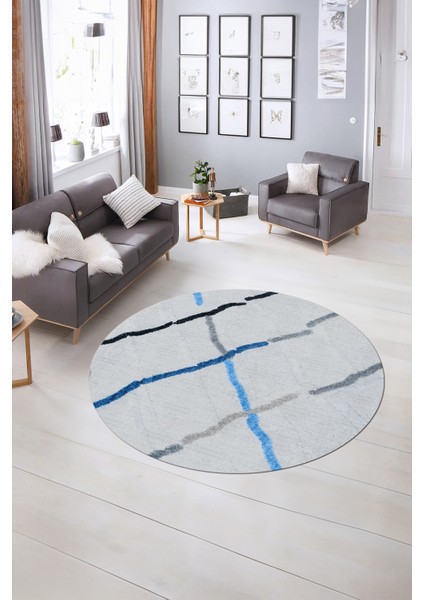 Dijital Kaymaz Taban Yıkanabilir Modern Desen Yuvarlak Mutfak Salon Halısı, N-Y-Modern-73-Mavi, indirimleri
