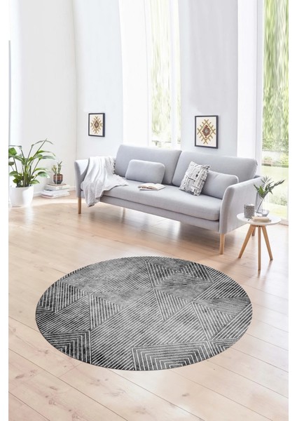 Dijital Kaymaz Taban Yıkanabilir Modern Desen Yuvarlak Mutfak Salon Halısı, N-Y-MODERN-111-GRİ,
