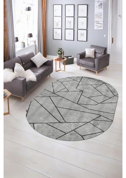 Dijital Kaymaz Yıkanabilir Modern Desen Oval Yolluk Mutfak Salon Halısı, N-O-MODERN-117-GRİ, indirimleri