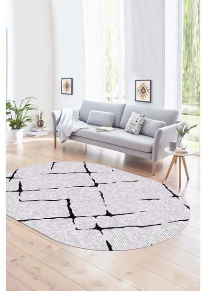 Dijital Kaymaz Yıkanabilir Modern Desen Oval Yolluk Mutfak Salon Halısı, N-O-Modern-72-Siyah,