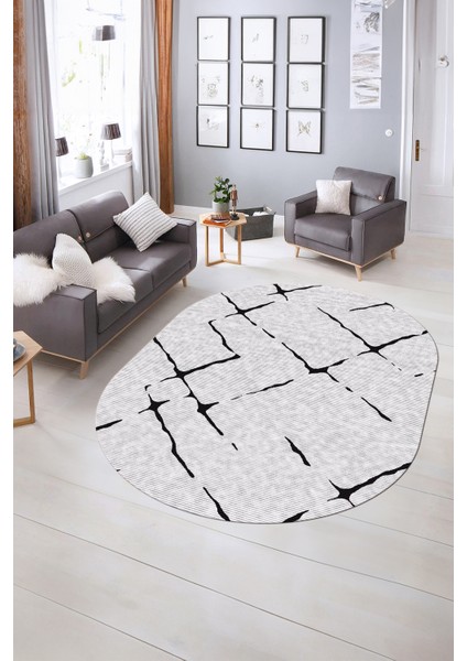 Dijital Kaymaz Yıkanabilir Modern Desen Oval Yolluk Mutfak Salon Halısı, N-O-Modern-72-Siyah, indirimleri
