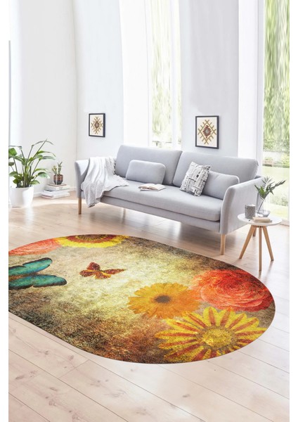 Dijital Kaymaz Yıkanabilir Modern Desen Oval Yolluk Mutfak Salon Halısı, N-O-MODERN-109-RENKLİ,