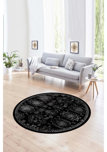 Dijital Kaymaz Taban Yıkanabilir Modern Desen Yuvarlak Mutfak Salon Halısı, N-Y-Modern-29-Siyah,