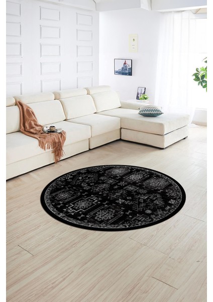 Dijital Kaymaz Taban Yıkanabilir Modern Desen Yuvarlak Mutfak Salon Halısı, N-Y-Modern-29-Siyah,