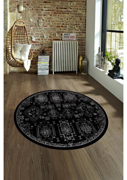 Dijital Kaymaz Taban Yıkanabilir Modern Desen Yuvarlak Mutfak Salon Halısı, N-Y-Modern-29-Siyah,