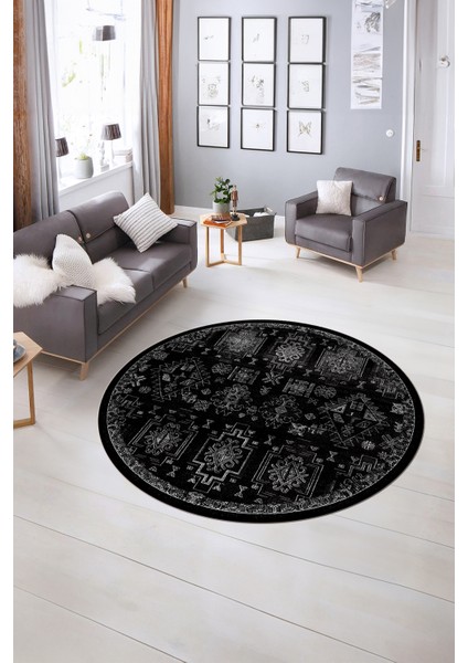 Dijital Kaymaz Taban Yıkanabilir Modern Desen Yuvarlak Mutfak Salon Halısı, N-Y-Modern-29-Siyah,