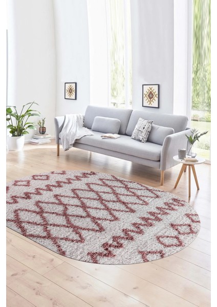 Dijital Kaymaz Yıkanabilir Modern Desen Oval Yolluk Mutfak Salon Halısı, N-O-Modern-92-Pembe,