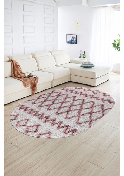 Dijital Kaymaz Yıkanabilir Modern Desen Oval Yolluk Mutfak Salon Halısı, N-O-Modern-92-Pembe,