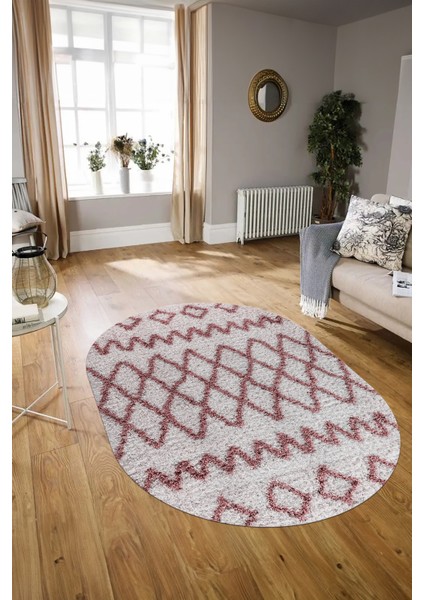 Dijital Kaymaz Yıkanabilir Modern Desen Oval Yolluk Mutfak Salon Halısı, N-O-Modern-92-Pembe,