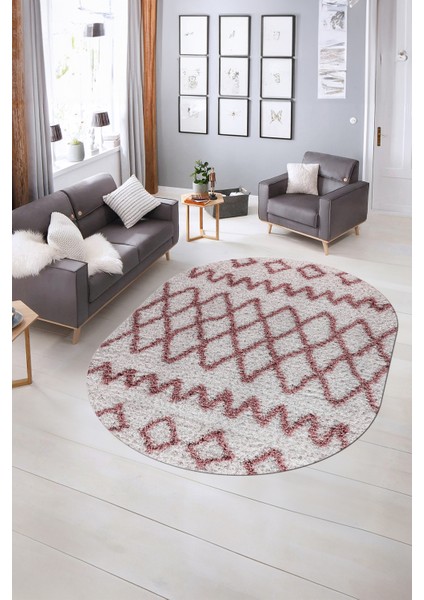 Dijital Kaymaz Yıkanabilir Modern Desen Oval Yolluk Mutfak Salon Halısı, N-O-Modern-92-Pembe,