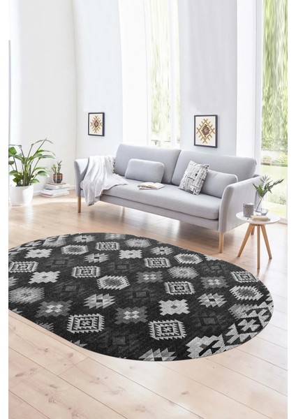 Dijital Kaymaz Yıkanabilir Modern Desen Oval Yolluk Mutfak Salon Halısı, N-O-Modern-99-Antrasit,