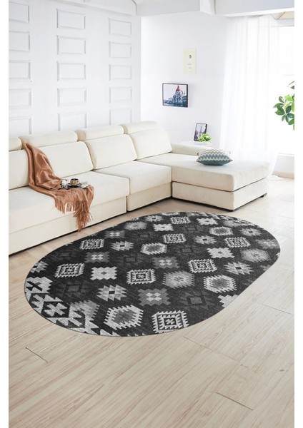 Dijital Kaymaz Yıkanabilir Modern Desen Oval Yolluk Mutfak Salon Halısı, N-O-Modern-99-Antrasit,