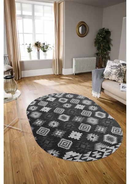 Dijital Kaymaz Yıkanabilir Modern Desen Oval Yolluk Mutfak Salon Halısı, N-O-Modern-99-Antrasit,