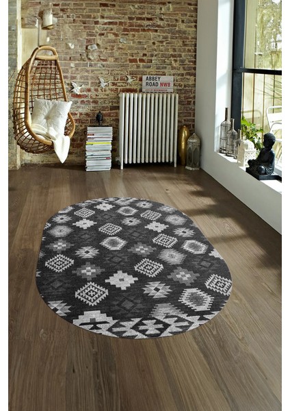 Dijital Kaymaz Yıkanabilir Modern Desen Oval Yolluk Mutfak Salon Halısı, N-O-Modern-99-Antrasit,