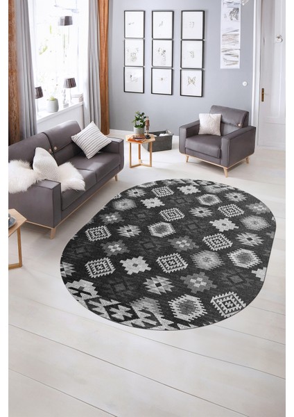 Dijital Kaymaz Yıkanabilir Modern Desen Oval Yolluk Mutfak Salon Halısı, N-O-Modern-99-Antrasit,