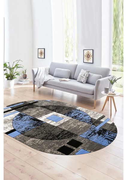 Dijital Kaymaz Yıkanabilir Modern Desen Oval Yolluk Mutfak Salon Halısı, N-O-Modern-33-Mavi,
