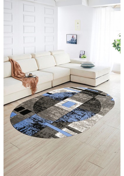 Dijital Kaymaz Yıkanabilir Modern Desen Oval Yolluk Mutfak Salon Halısı, N-O-Modern-33-Mavi, fiyatları