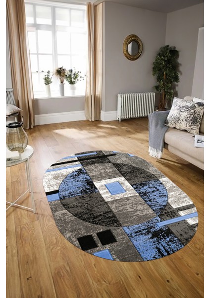 Dijital Kaymaz Yıkanabilir Modern Desen Oval Yolluk Mutfak Salon Halısı, N-O-Modern-33-Mavi, modelleri