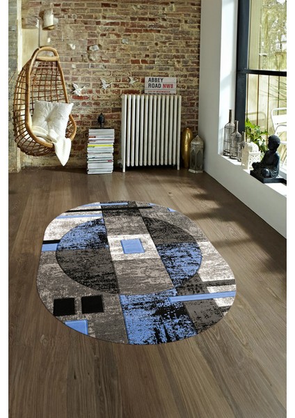 Dijital Kaymaz Yıkanabilir Modern Desen Oval Yolluk Mutfak Salon Halısı, N-O-Modern-33-Mavi, fırsatları