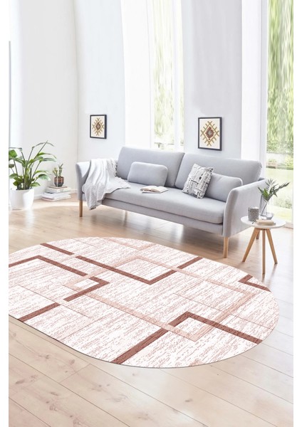 Dijital Kaymaz Yıkanabilir Modern Desen Oval Yolluk Mutfak Salon Halısı, N-O-Modern-80-Pembe,