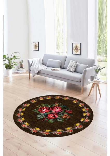 Dijital Kaymaz Taban Yıkanabilir Modern Desen Yuvarlak Mutfak Salon Halısı, N-Y-Modern-20-Kahve,