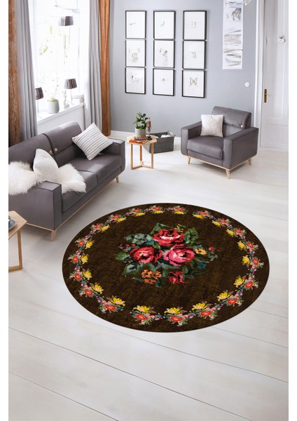 Dijital Kaymaz Taban Yıkanabilir Modern Desen Yuvarlak Mutfak Salon Halısı, N-Y-Modern-20-Kahve, indirimleri