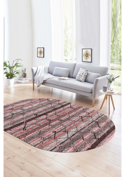 Dijital Kaymaz Yıkanabilir Modern Desen Oval Yolluk Mutfak Salon Halısı, N-O-Modern-85-Pembe,